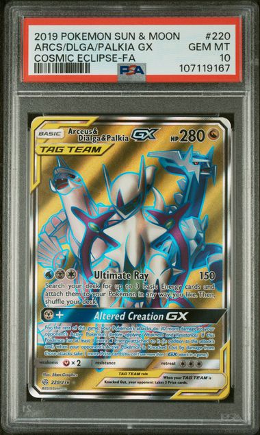 Arceus / Dialga / Palkia GX 220 Cosmic Eclipse-FA PSA 10