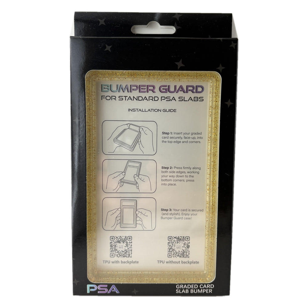 Bullion PSA slab bumper guard, solid gold glitter TPU frame with visible sparkle